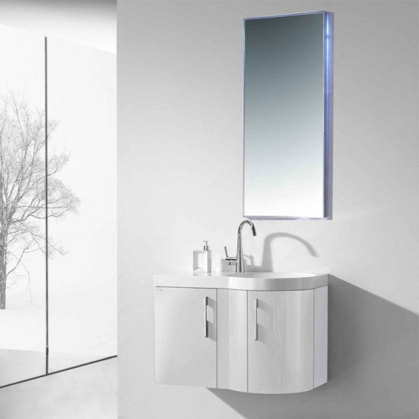 Neuesbad 3000 Badmöbelset 80 cm Breite mit Waschtisch, Unterschrank und Spiegel Farbe weiß Hochglanz rechts