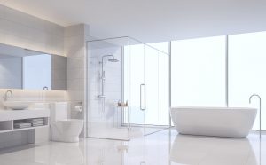 Minimalistisches,modernes Badezimmer in weiß mit Fliesen