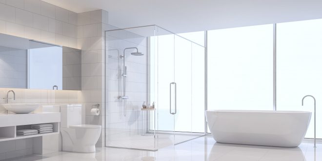 Minimalistisches,modernes Badezimmer in weiß mit Fliesen