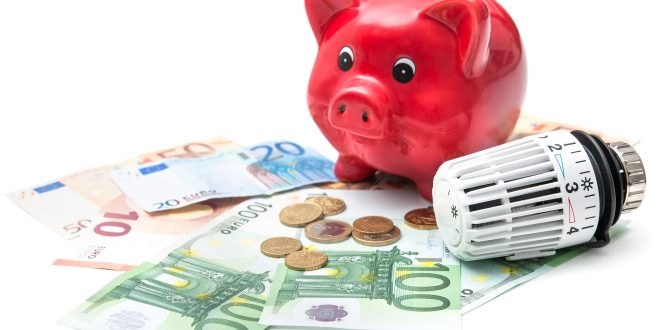 Rotes Sparschwein steht über Geld nebendran ein Thermosthat