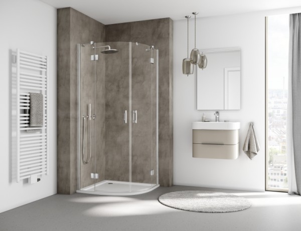 Kermi Viertelkreis Liga T55 1010x2000 BV: 975-1000, silber hochglanz ESG klar