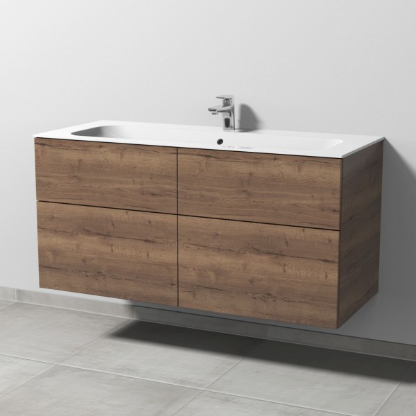Sanipa 3way Keramik-Set Finion Keramik-Waschtisch und Unterbau mit 4 Auszügen, Eiche-Tabak