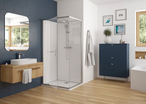 Hoesch Duschabtrennung nUnity Eckversion 800x800 mit Flügeltüren und Armatur, 8629429.101401