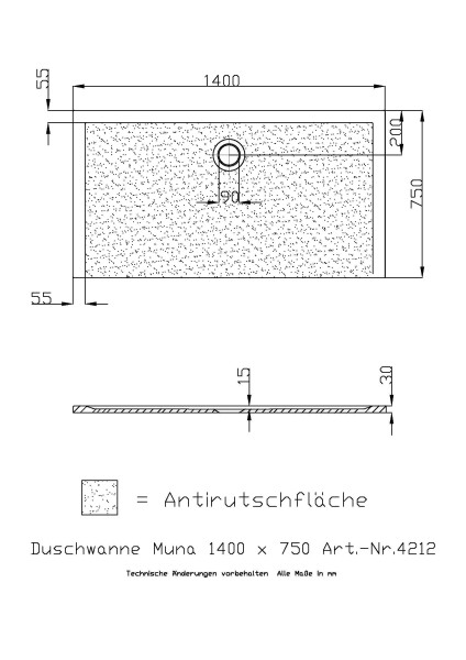 Hoesch Duschwanne Muna 1400x750x30 mit Antirutsch