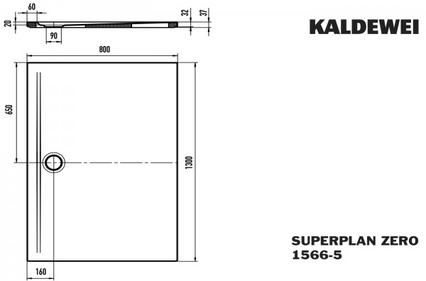 Kaldewei Duschwanne SUPERPLAN ZERO Modell 1566-5, 800x1300x20 mm, schwarz matt 100, 356647980676