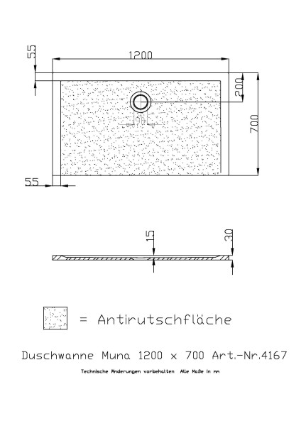 Hoesch Duschwanne Muna 1200x700x30 mit Antirutsch