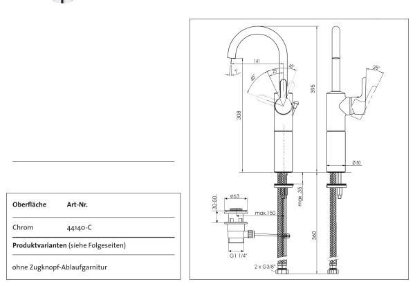 Kaja Magis Wascht. m. verl. Sockel,, Schwenkauslauf RA-140mm u. gl. K.in chr., 44150-C