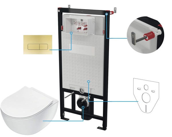 Neuesbad neu Wand-WC spülrandlos + WC-Sitz + Vorwandelement + Betätigungsplatte, Gold gebürstet