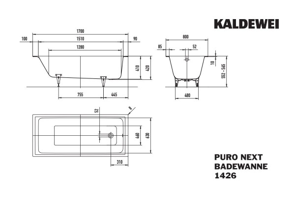 Kaldewei Badewanne PURO NEXT Modell 1426, 1700x800 mm, cool grey 30, 142600010663