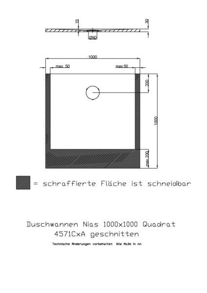 Hoesch Duschwanne Nias gesschnitten 1000x1000x35 strukturierte Oberfläche