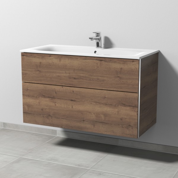Sanipa 3way Waschtischunterbau zu Geberit Renova Plan Slim Waschtisch mit 2 Auszügen, Eiche-Tabak