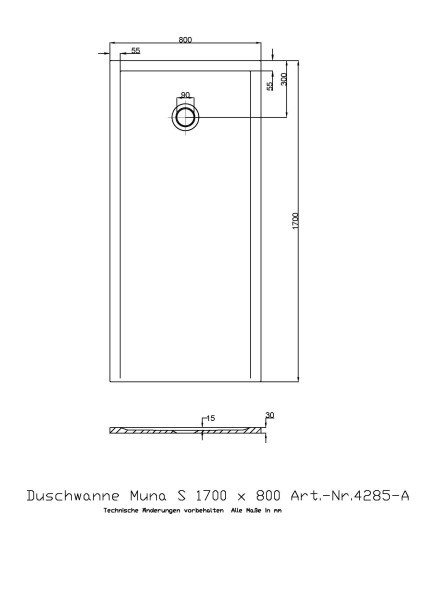 Hoesch Duschwanne Muna S 1700x800x30 ohne Antirutsch