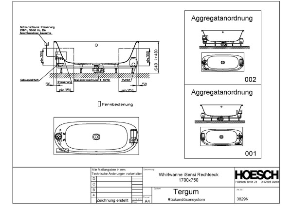Hoesch Monolith Einbau Whirlwanne iSensi Rechteck 1700x750 mit System Tergum