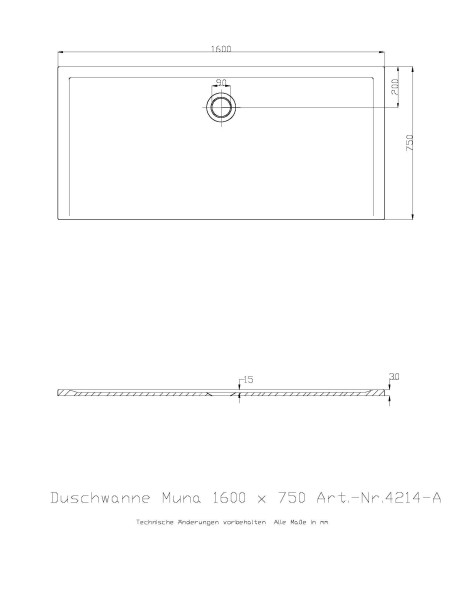 Hoesch Duschwanne Muna 1600x750x30 ohne Antirutsch