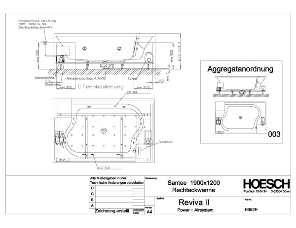 Hoesch Whirlwanne Santee Rechteck 1900x1200 mit System Reviva II Power+Air Weiss/Chrom/Motor mittig