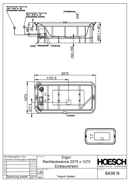Hoesch Whirlwanne Ergo+ Rechteck 2075x1075 freistehend mit System Tergum Whirl Weiss/Chrom/Glas Weis