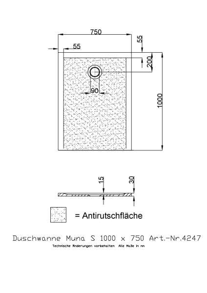 Hoesch Duschwanne Muna S 1000x750x30 mit Antirutsch
