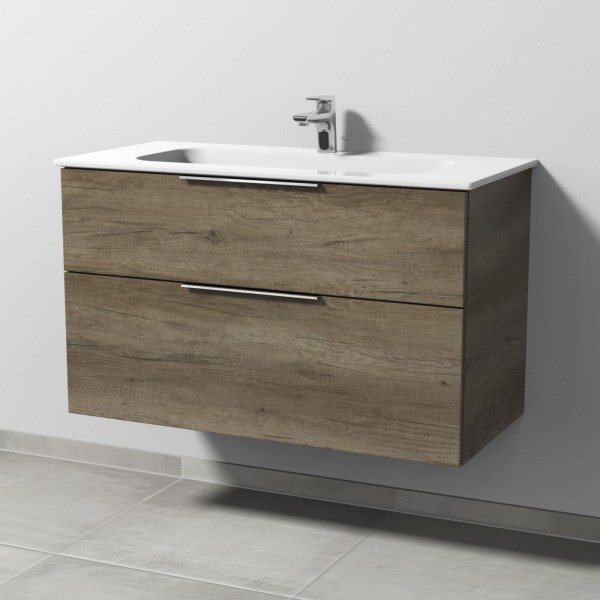 Sanipa 3way Keramik-Set Design Keramik-Waschtisch und Unterbau mit 2 Auszügen, Eiche-Nebraska