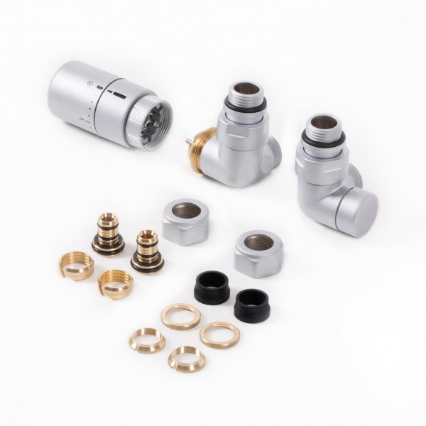 Terma Set Winkeleck-Thermostatventil CYLINDER GZ 1/2"-Ø16x2, Ø15 rechts, WRZTCG9-ST, Silber