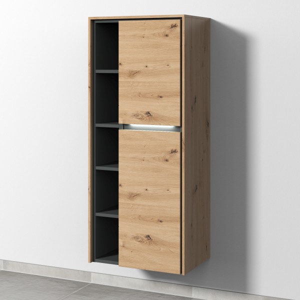 Sanipa Twiga Stauraumschrank mit LED-Beleuchtung, 2 Türen und offenen Fächern, Eiche Natural-Touch,