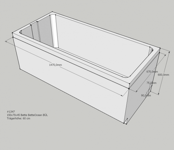 Neuesbad Wannenträger für Bette Ocean 1500x700 Überlauf hinten