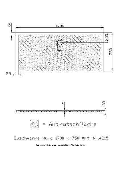 Hoesch Duschwanne Muna 1700x750x30 mit Antirutsch