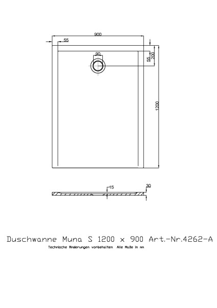 Hoesch Duschwanne Muna S 1200x900x30 ohne Antirutsch