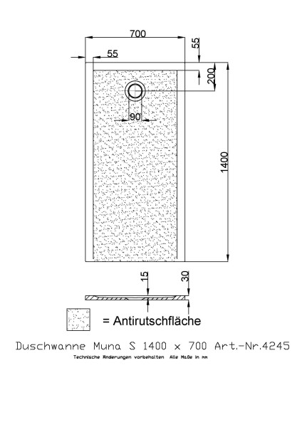 Hoesch Duschwanne Muna S 1400x700x30 mit Antirutsch
