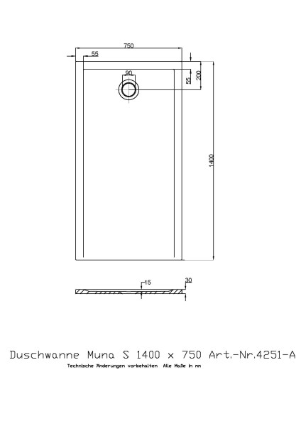 Hoesch Duschwanne Muna S 1400x750x30 ohne Antirutsch