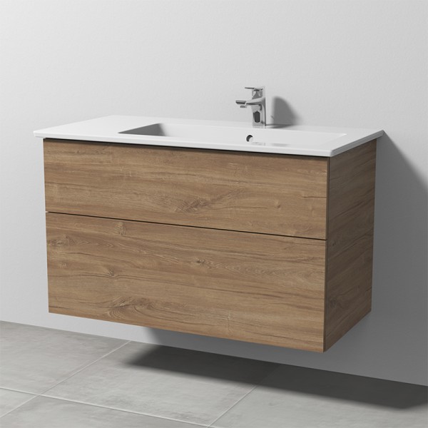 Sanipa 3way Keramik-Set Venticello Keramik-Waschtisch und Unterbau mit 2 Auszügen, Eiche-Kansas