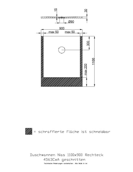 Hoesch Duschwanne Nias gesschnitten 1100x900x30 strukturierte Oberfläche