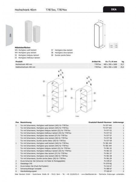 Ideal Standard Tür für Halbhochschrank DEA, TV081S9 mit Scharnier, Dunkle Lärche Dekor