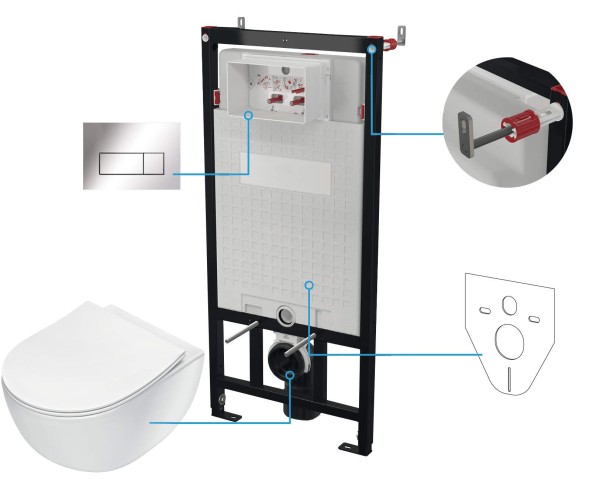 Neuesbad neu Wand-WC spülrandlos + WC-Sitz + Vorwandelement + Betätigungsplatte flach, Chrom
