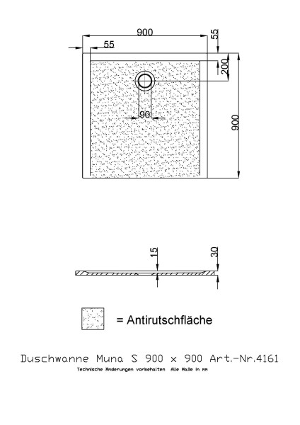 Hoesch Duschwanne Muna S 900x900x30 mit Antirutsch