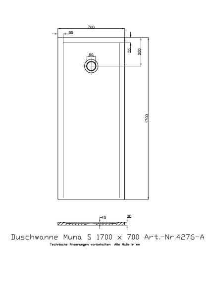 Hoesch Duschwanne Muna S 1700x700x30 ohne Antirutsch