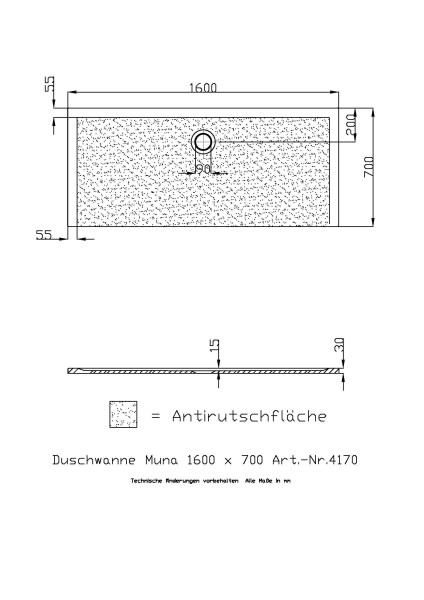 Hoesch Duschwanne Muna 1600x700x30 mit Antirutsch