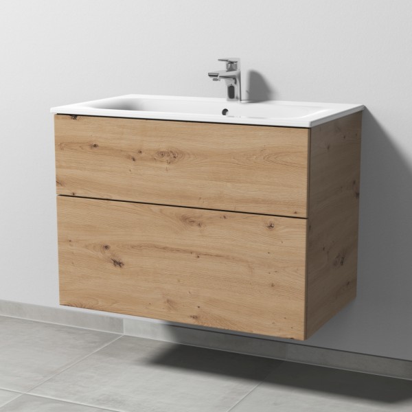 Sanipa 3way Waschtischunterbau zu Geberit Renova Plan Slim Waschtisch mit 2 Auszügen, Eiche Natural-