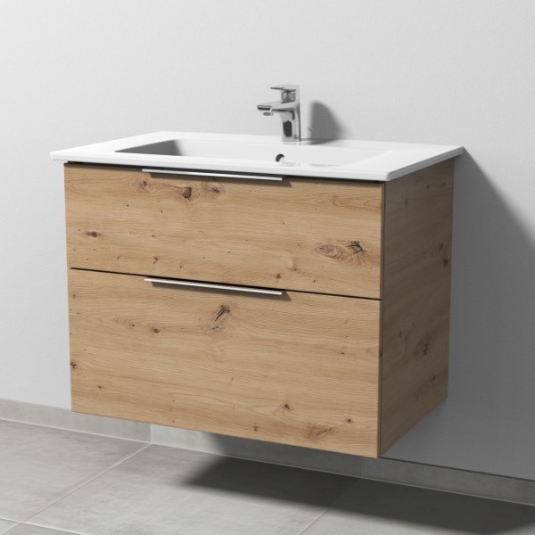 Sanipa 3way Keramik-Set Venticello Keramik-Waschtisch und Unterbau mit 2 Auszügen, Eiche Natural-Tou