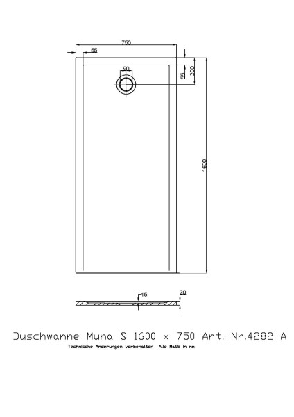 Hoesch Duschwanne Muna S 1600x750x30 ohne Antirutsch