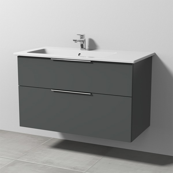 Sanipa 3way Keramik-Set Venticello Keramik-Waschtisch und Unterbau mit 2 Auszügen, Anthrazit-Matt