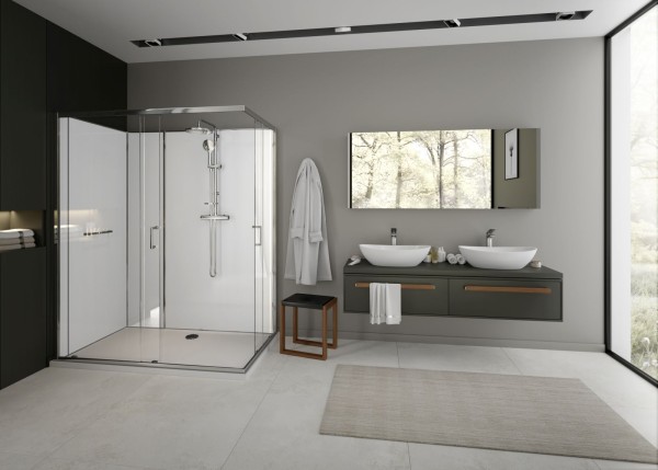 Hoesch Duschabtrennung nUnity Eckversion 1200x900 Eckeinstieg mit Schiebetüren und Armatur, 8629426.