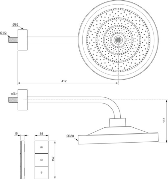Ideal Standard Regenbrause Idealrain Solos m.Wandan. m.Licht Silk Black, A7890XG