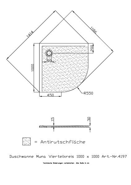 Hoesch Duschwanne Muna 1/4-Kreis 1000x1000x30 mit Antirutsch