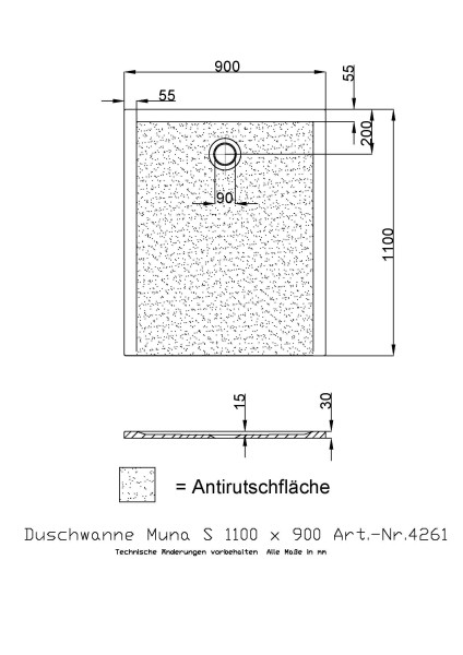 Hoesch Duschwanne Muna S 1100x900x30 mit Antirutsch