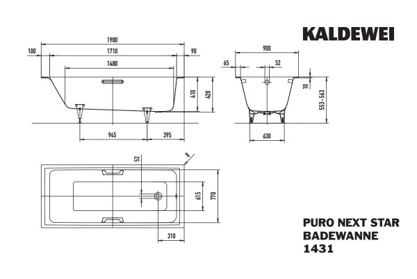 Kaldewei Badewanne PURO NEXT STAR Modell 1431, 1900x900 mm, alpinweiß, 143100010001