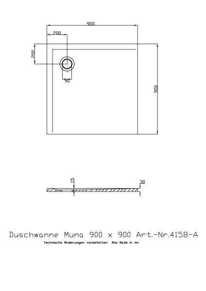 Hoesch Duschwanne Muna 900x900x30 ohne Antirutsch