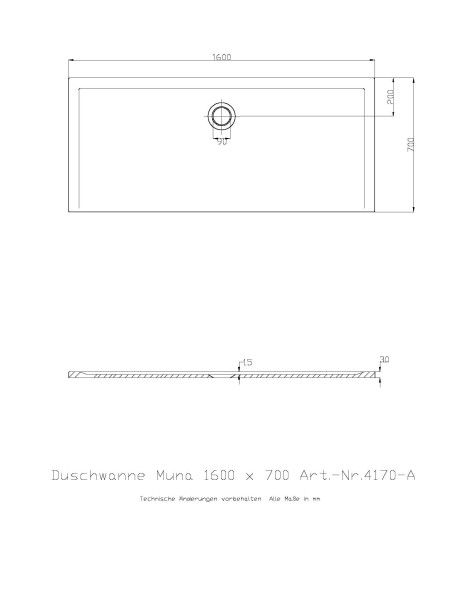 Hoesch Duschwanne Muna 1600x700x30 ohne Antirutsch