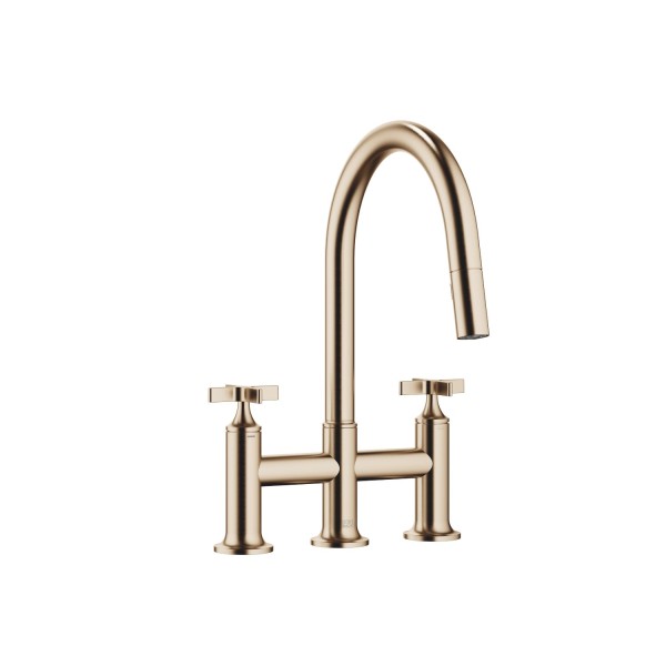 Dornbracht Dreiloch-Brückenbatterie Pull-down mit Brausefunktion VAIA 19875809 Champagne gebürstet (