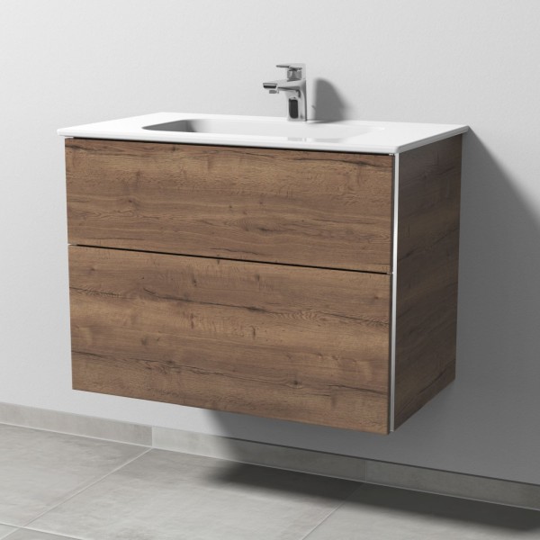 Sanipa 3way Keramik-Set Design Keramik-Waschtisch und Unterbau mit 2 Auszügen, Eiche-Tabak