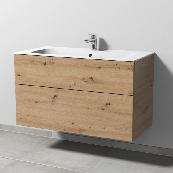 Sanipa 3way Keramik-Set Finion Keramik-Waschtisch und Unterbau mit 2 Auszügen, Eiche Natural-Touch
